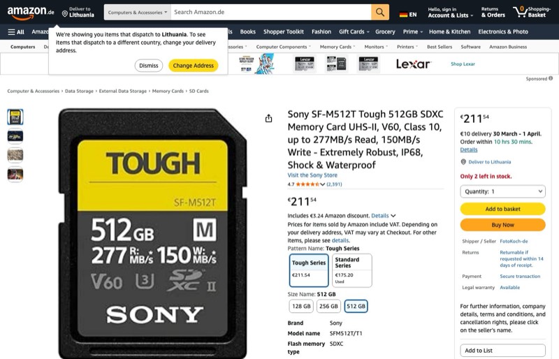 Sony SF-M512T Tough 512GB SDXC Speicherkarte UHS-II kaina Amazon.de — 211,54 €