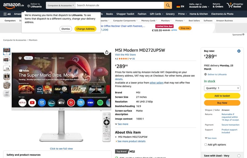 MSI Modern MD272UPSW kaina Amazon.de — 289,66 €