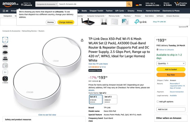 TP-Link Deco X50-PoE Wi-Fi 6 Mesh WLAN Set kaina Amazon.de — 193,09 €