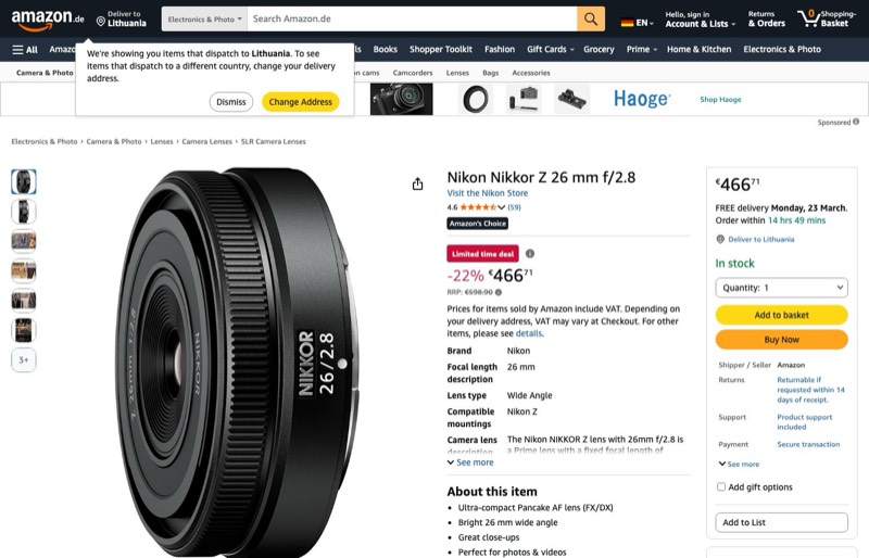 Nikon Nikkor Z 26mm f / 2.8 kaina Amazon.de — 466,71 €