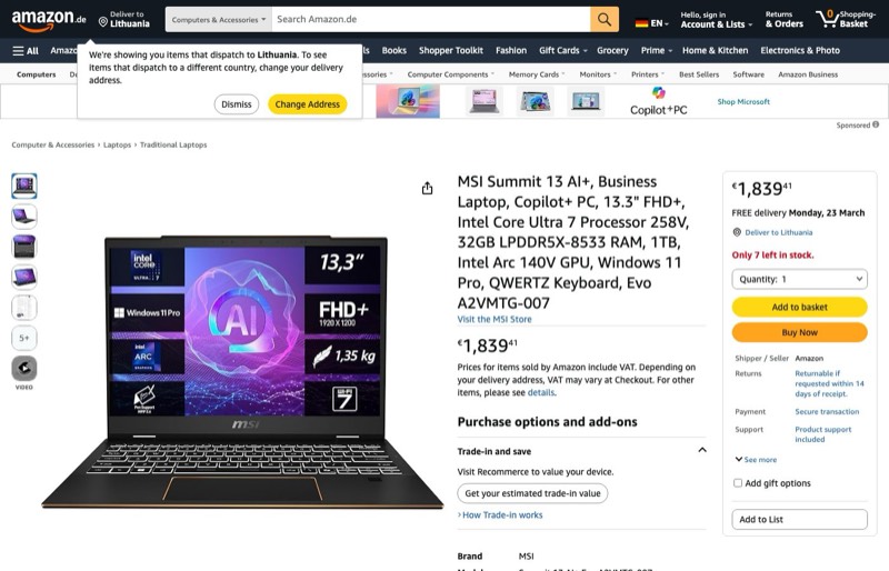 MSI Summit 13 AI+ kaina Amazon.de — 1839,41 €