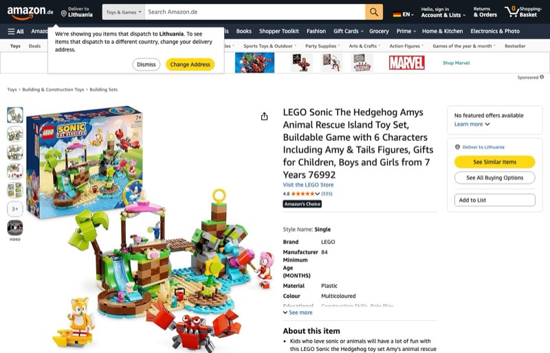 LEGO Sonic Amy's Island 76992 kaina Amazon.de — 37,42 €