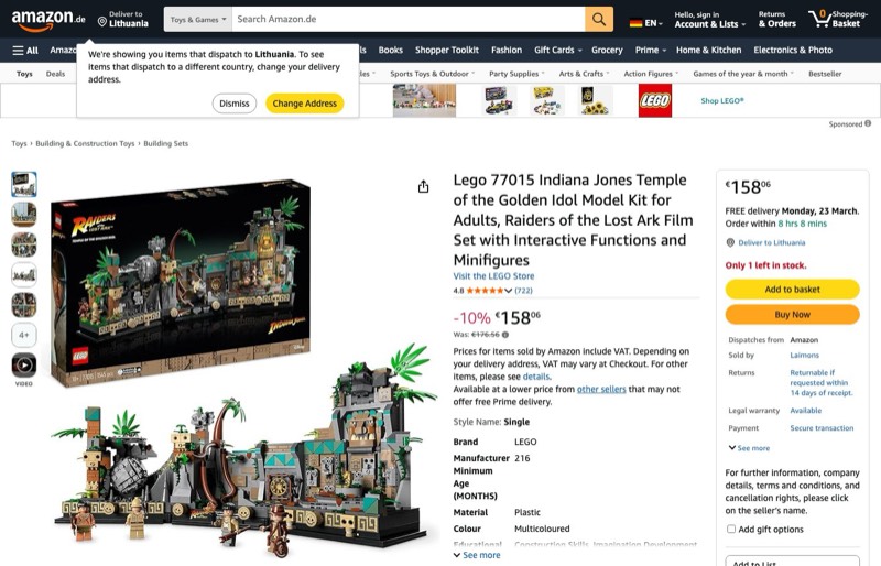 LEGO Indiana Jones 77015 kaina Amazon.de — 158,06 €