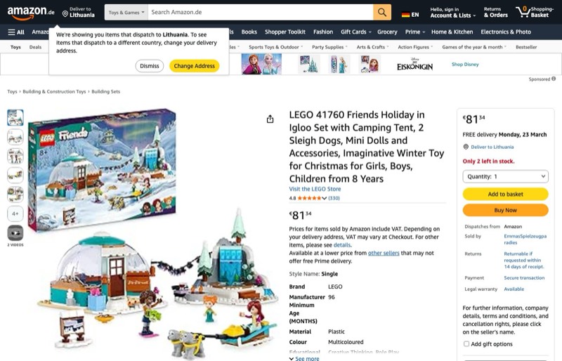 LEGO Friends Ferien im Iglu mit Camping-Zelt 41760 kaina Amazon.de — 81,34 €