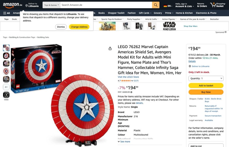 LEGO Marvel Captain Americas Schild 76262 kaina Amazon.de — 194,99 €