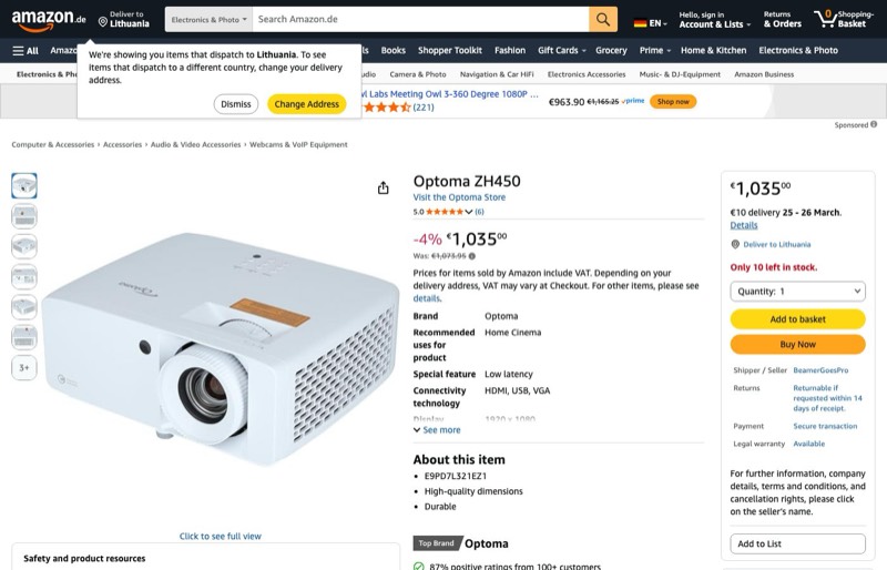 Optoma ZH450 Full HD Laser Projector kaina Amazon.de — 1035,00 €