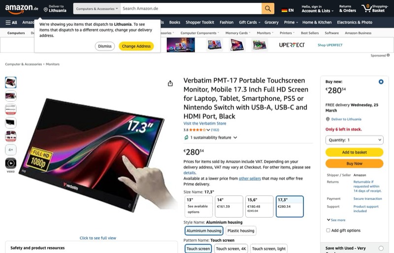 Verbatim PMT-17 kaina Amazon.de — 280,34 €