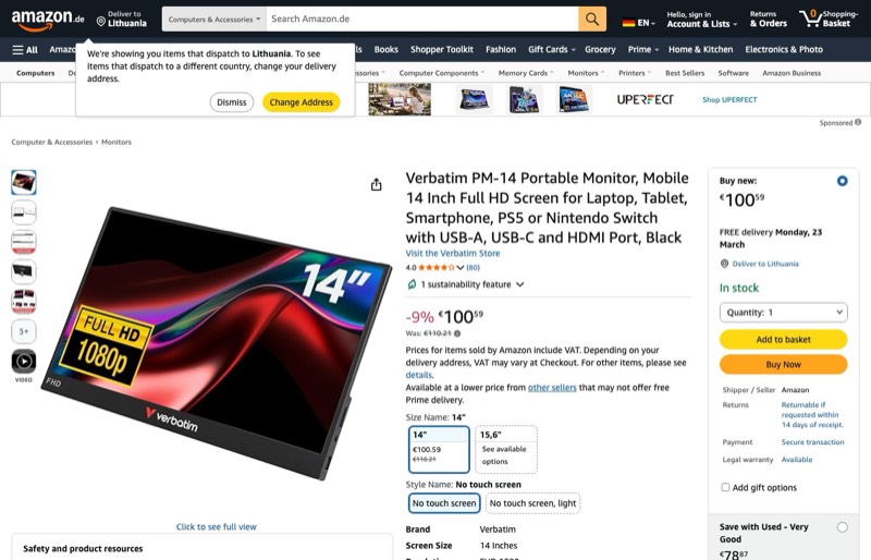 Verbatim PM-14 Portable Monitor kaina Amazon.de — 100,59 €