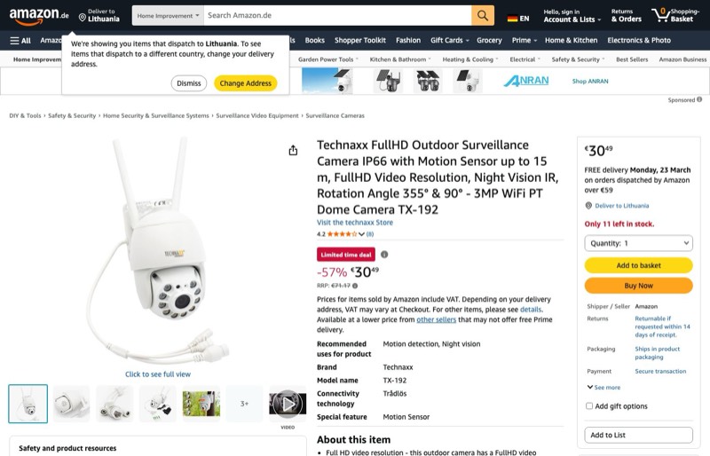 Technaxx FullHD Aussen Überwachungskamera IP66 kaina Amazon.de — 30,49 €