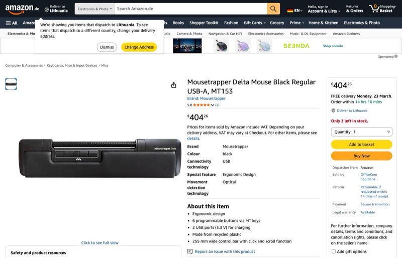 Mousetrapper Delta Regular USB-A kaina Amazon.de — 404,26 €