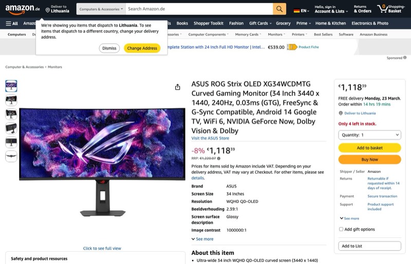 ASUS ROG Strix OLED XG34WCDMTG Curved Gaming (34“ 3440x1440 kaina Amazon.de — 1118,39 €