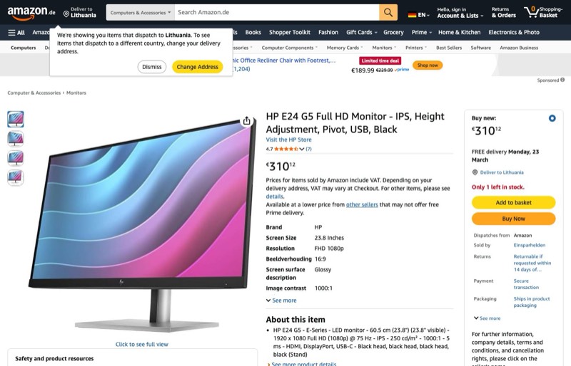 HP E24 G5 FHD kaina Amazon.de — 310,12 €