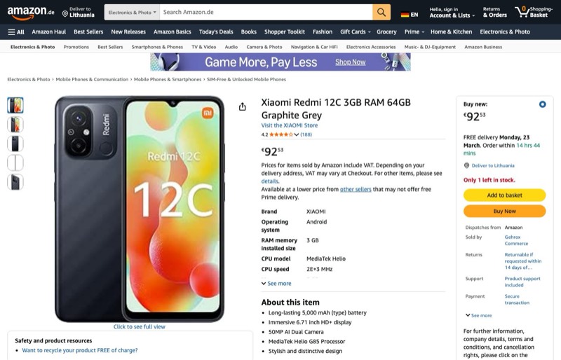 Xiaomi Redmi 12C 64GB Grey kaina Amazon.de — 92,63 €
