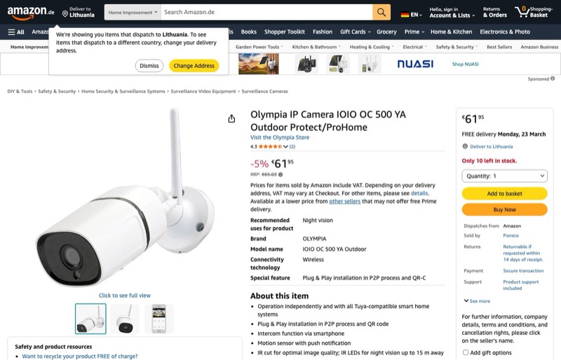 IOIO OC 500 WLAN Außen Überwachungskamera Full HD IP65 kaina Amazon.de — 61,95 €