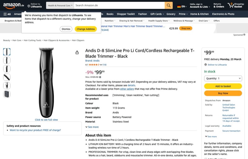 Andis SlimLine Pro Li Trimmer kaina Amazon.de — 99,99 €