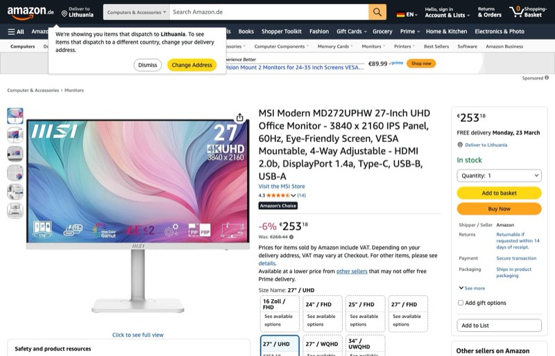 MSI Modern MD272UPHW -UHD-Büromonitor kaina Amazon.de — 253,18 €