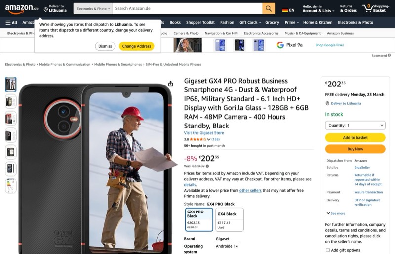 Gigaset GX4 PRO 128GB IP68 kaina Amazon.de — 202,35 €