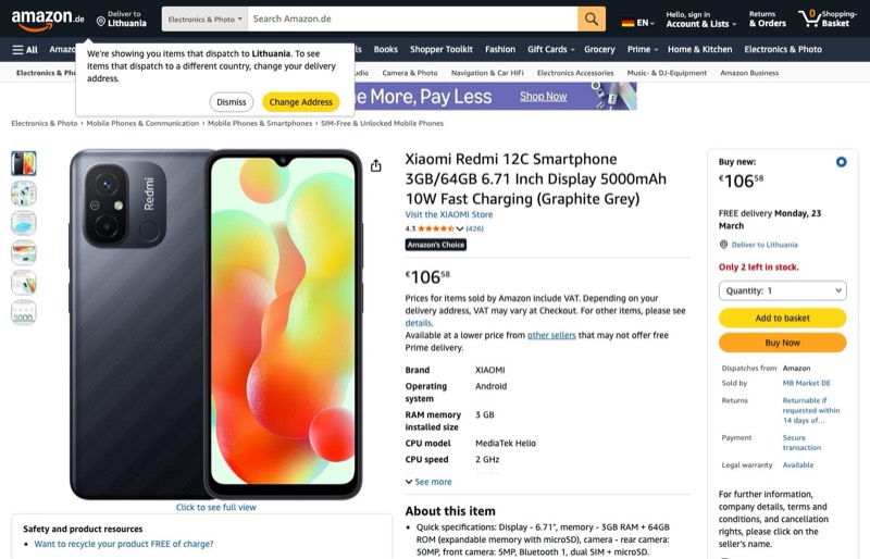 XIAOMI Redmi 12C 3GB/64GB 6 kaina Amazon.de — 106,58 €