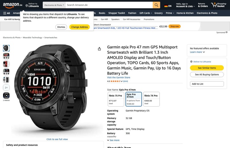 Garmin EPIX PRO 47mm kaina Amazon.de — 388,60 €