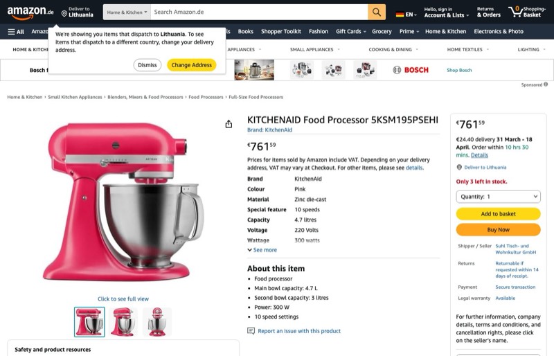 KITCHENAID Küchenmaschine 5KSM195PSEHI kaina Amazon.de — 761,59 €