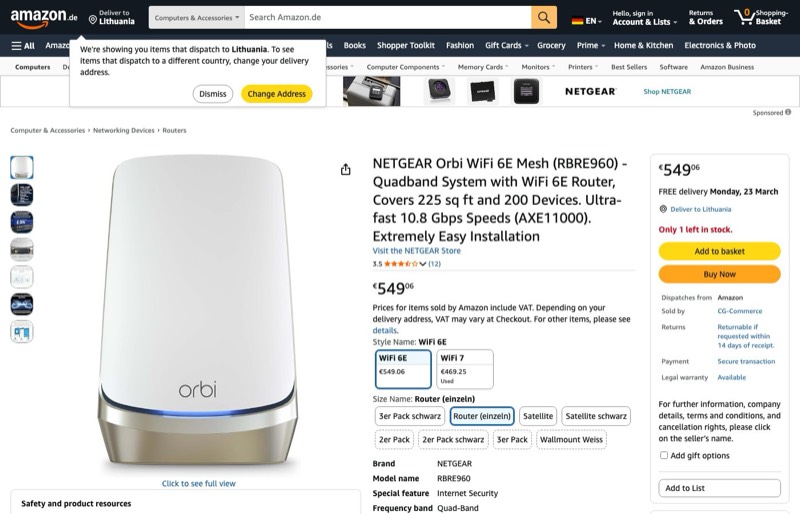 NETGEAR Orbi WiFi 6E Mesh kaina Amazon.de — 549,06 €