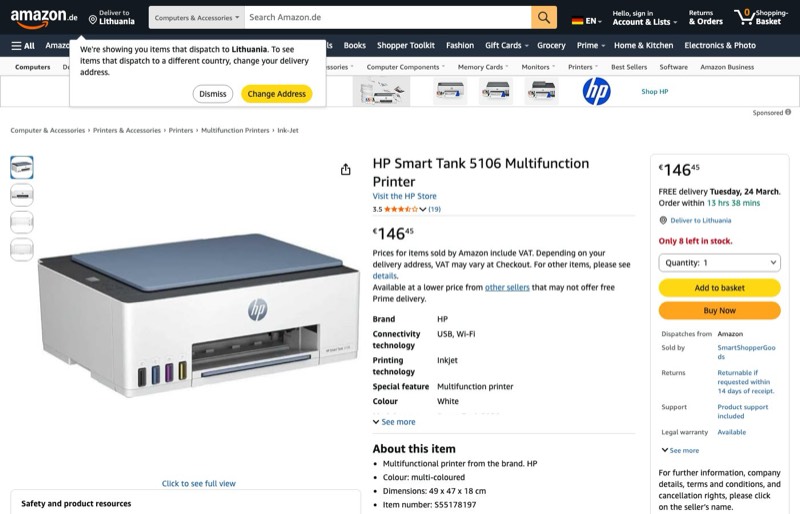 HP Smart Tank 5106 kaina Amazon.de — 146,45 €