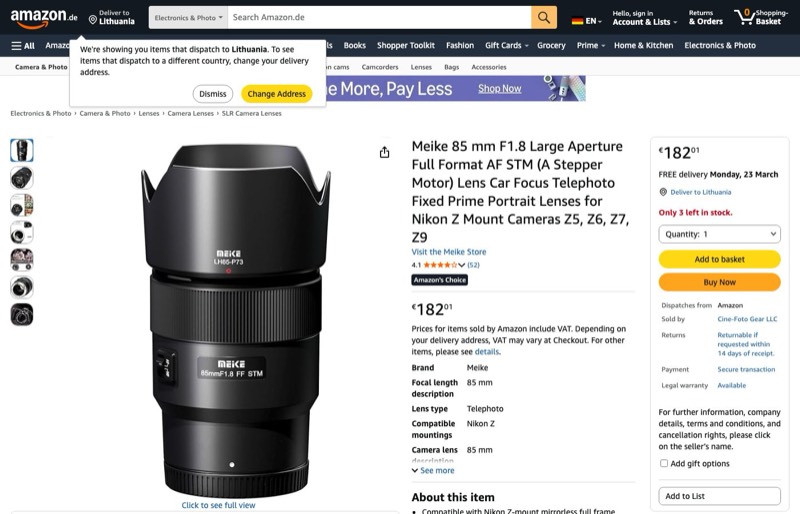 Meike 85mm F1.8 AF Nikon Z kaina Amazon.de — 182,01 €