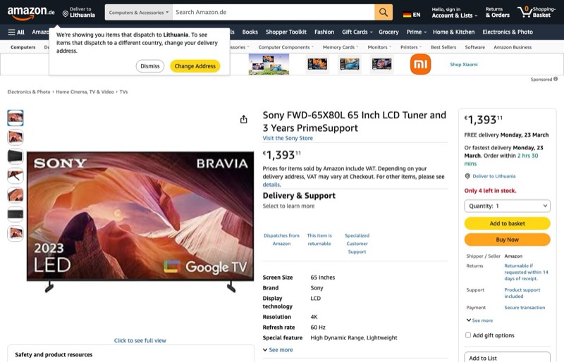 Sony FWD-65X80L LCD Tuner and 3yrs PrimeSupport kaina Amazon.de — 1393,11 €