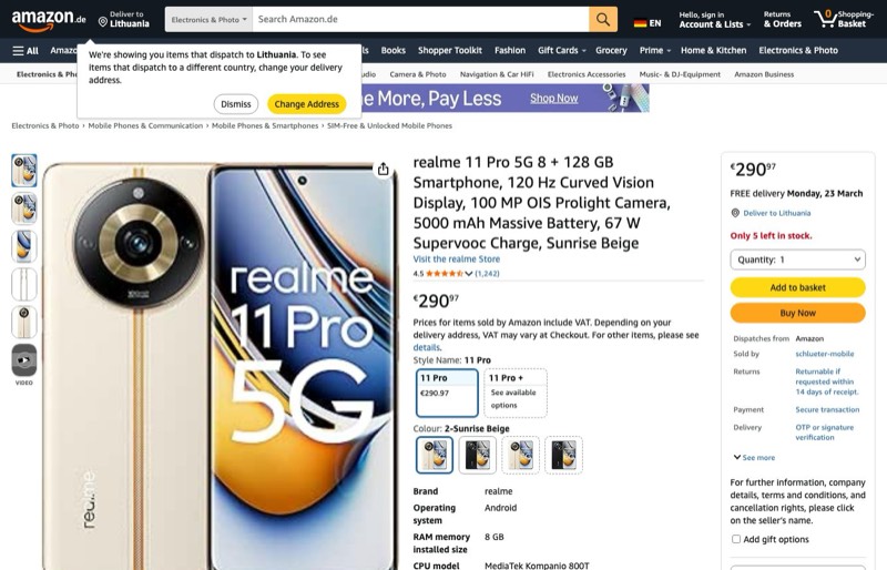 Realme 11 Pro 5G 128GB kaina Amazon.de — 290,97 €