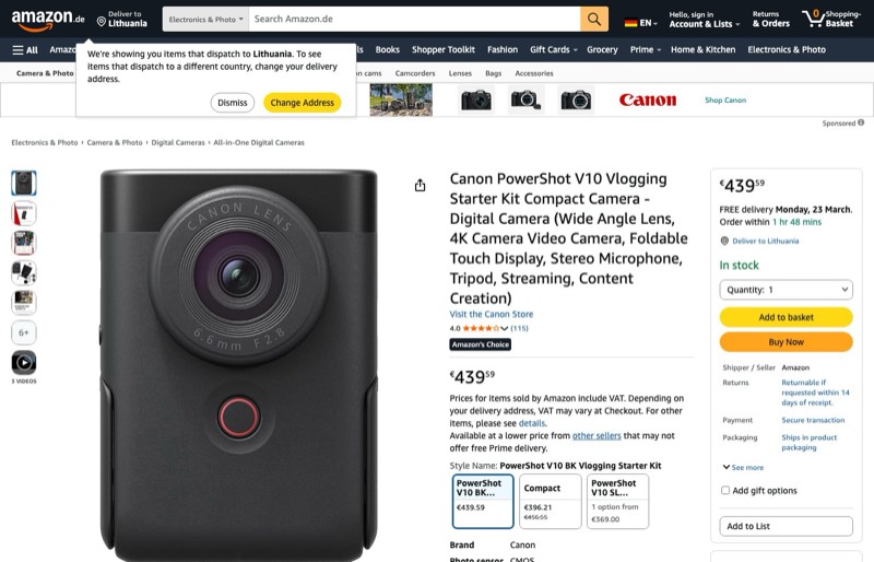 Vaizdo Canon Powershot V10 kaina Amazon.de — 439,59 €