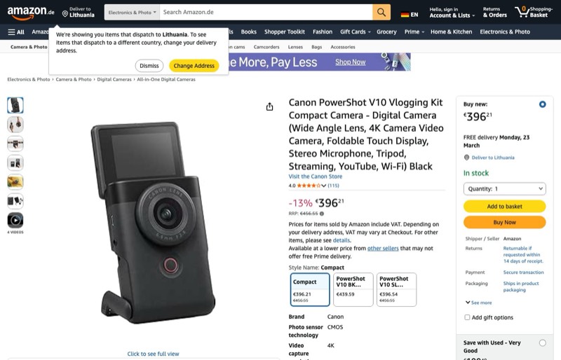 Canon PowerShot V10 kaina Amazon.de — 396,21 €