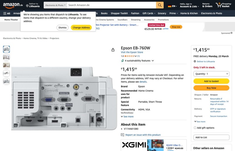 Epson EB-760W kaina Amazon.de — 1415,69 €