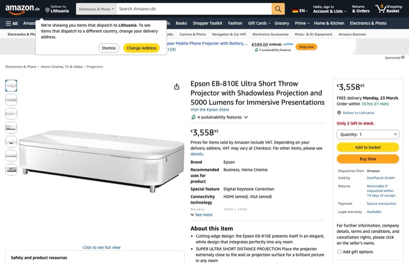 Epson EB-810E kaina Amazon.de — 3558,83 €