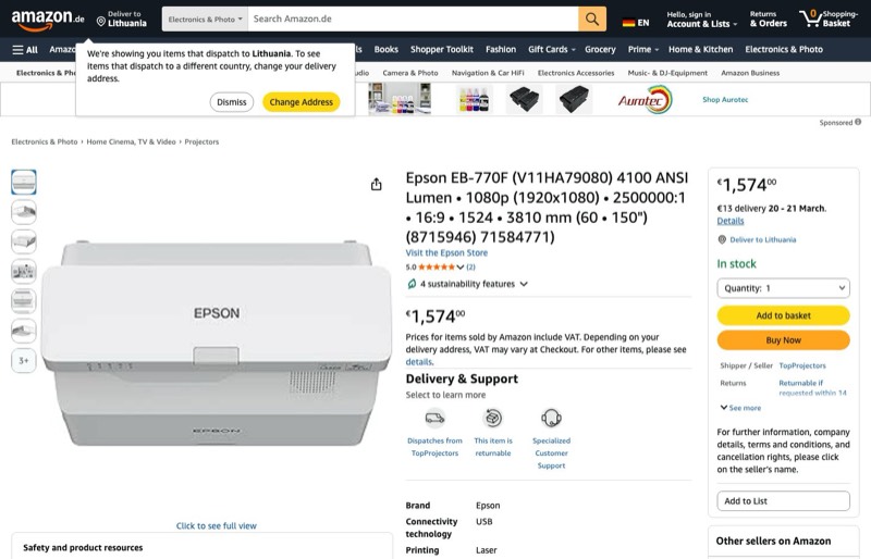 Epson EB-770F Ultra Short Throw kaina Amazon.de — 1574,00 €
