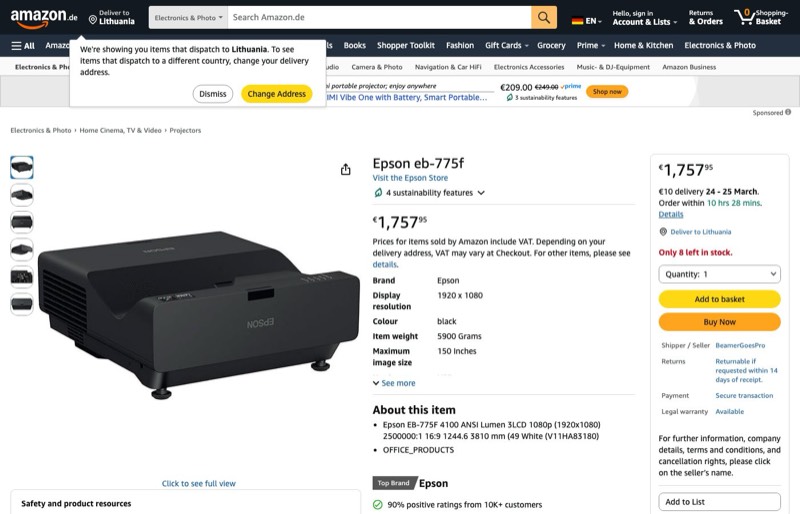 Epson EB-775F kaina Amazon.de — 1757,95 €