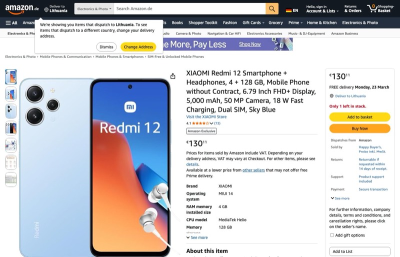 Xiaomi Redmi 12 128GB Sky Blue kaina Amazon.de — 130,11 €