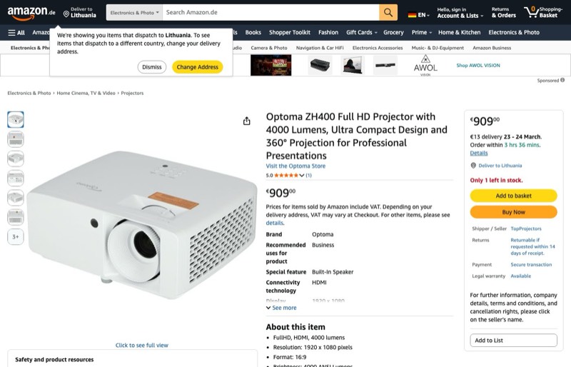 Projektorius Optoma ZH400 kaina Amazon.de — 909,00 €