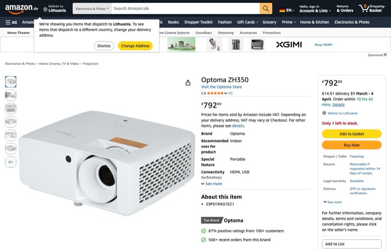 Optoma ZH350 Full HD Projector kaina Amazon.de — 792,89 €