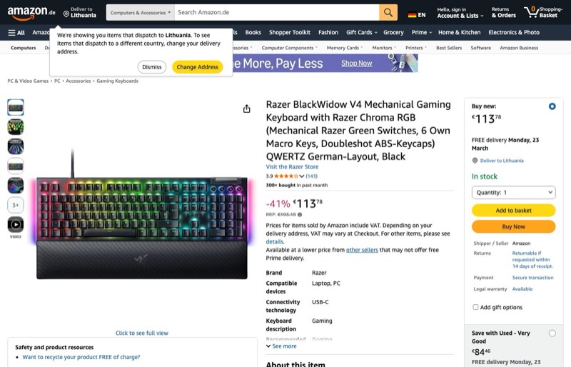 Razer BlackWidow V4 kaina Amazon.de — 113,78 €