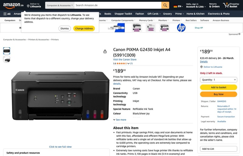 Canon PIXMA G2430 Tintenstrahl A4 kaina Amazon.de — 189,30 €