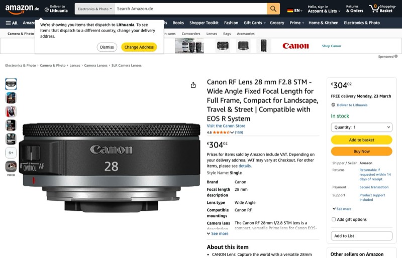 Canon RF Objektiv 28mm F2.8 STM kaina Amazon.de — 304,02 €