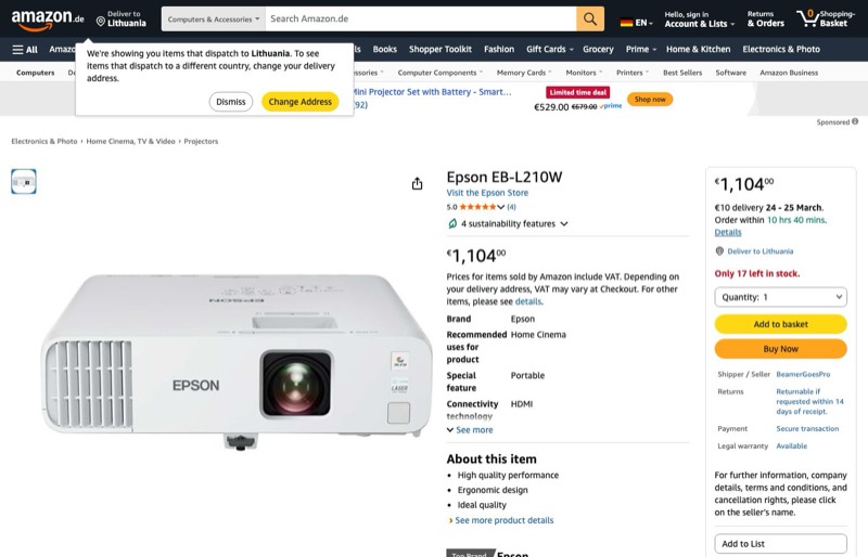 Epson EB-L210W WXGA Laser Projector kaina Amazon.de — 1104,00 €