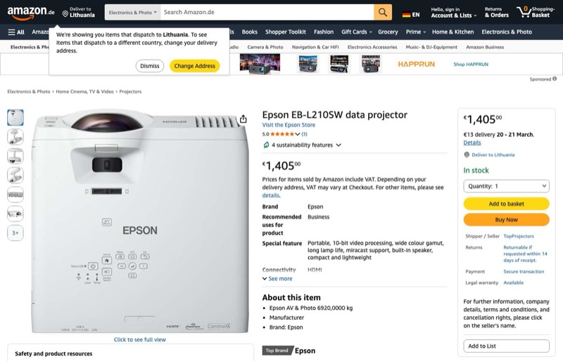 Epson EB-L210SW kaina Amazon.de — 1405,00 €