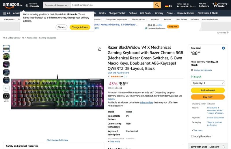 Razer BlackWidow V4 X kaina Amazon.de — 86,83 €