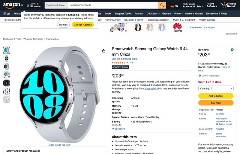 Samsung Galaxy Watch 6 44mm Grey kaina Amazon.de — 203,32 €