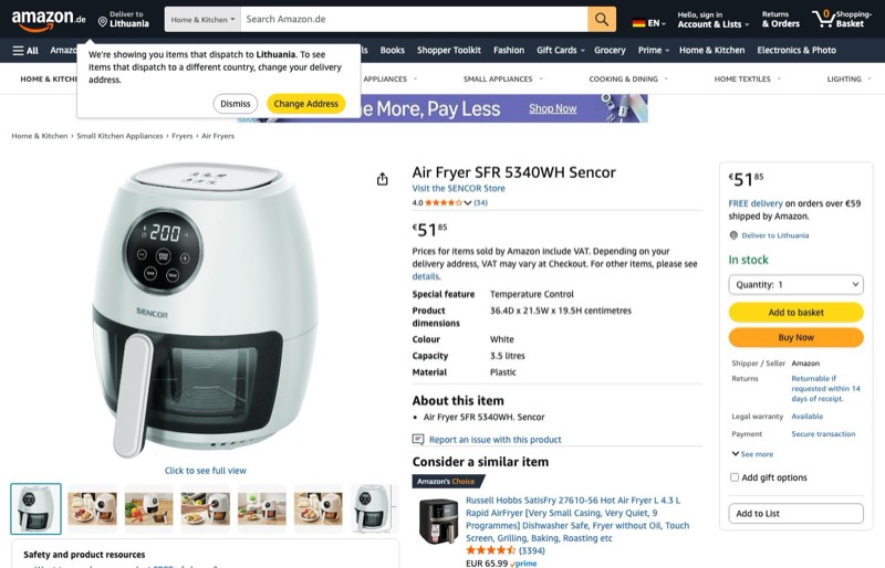 Air Fryer SFR 5340WH Sencor kaina Amazon.de — 51,85 €