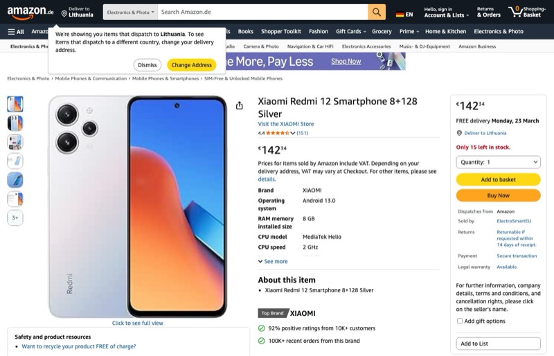 XIAOMI Redmi 12 8+128 kaina Amazon.de — 142,34 €