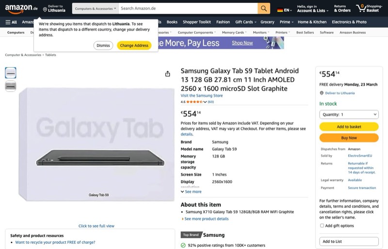 Samsung Galaxy Tab S9 128GB kaina Amazon.de — 554,14 €