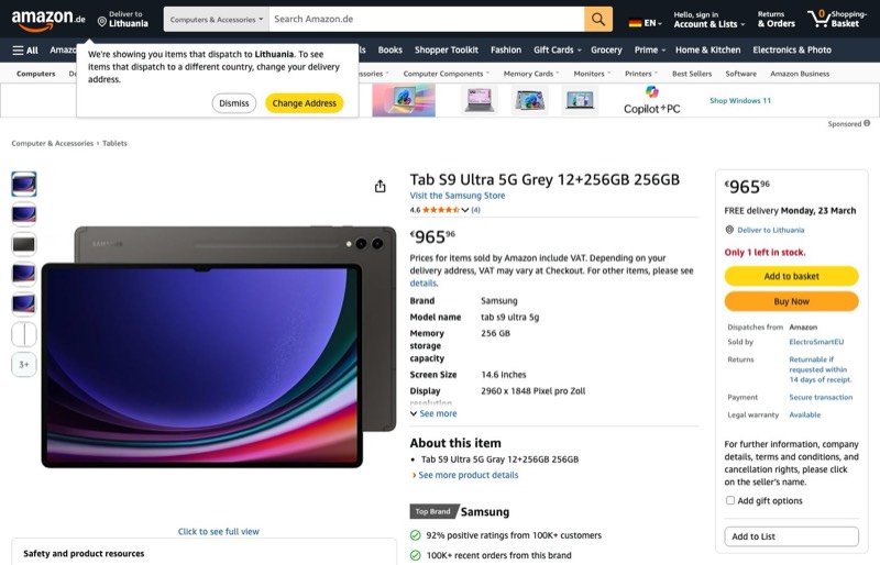 Tab S9 Ultra 12+256GB 256GB kaina Amazon.de — 965,96 €