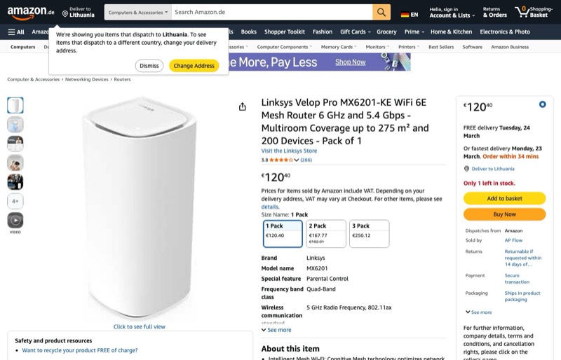 Linksys Velop Pro MX6201-KE WiFi 6E Mesh Router 6 GHz 5 kaina Amazon.de — 120,40 €